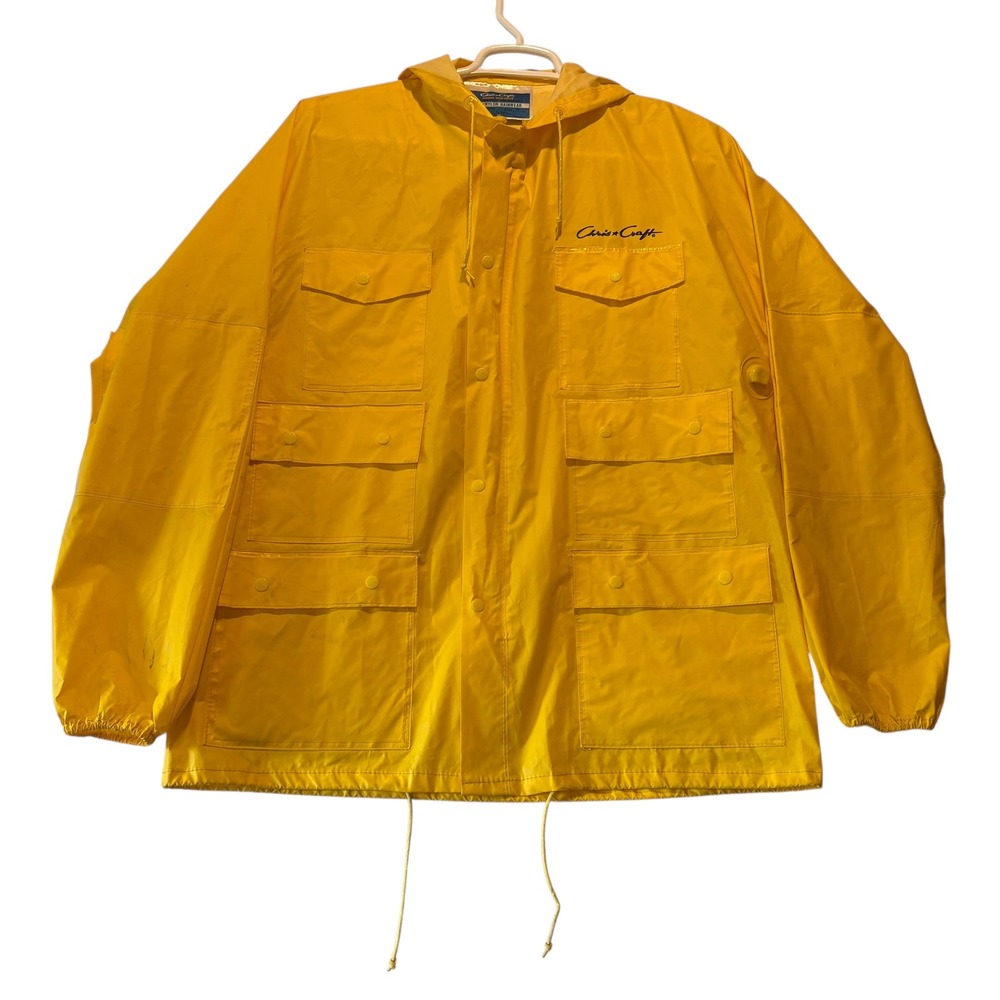 Chris-Craft Vintage Yellow PVC Nylon Rain Jacket Mens Medium Hooded Slicker 7022 - Picture 1 of 14